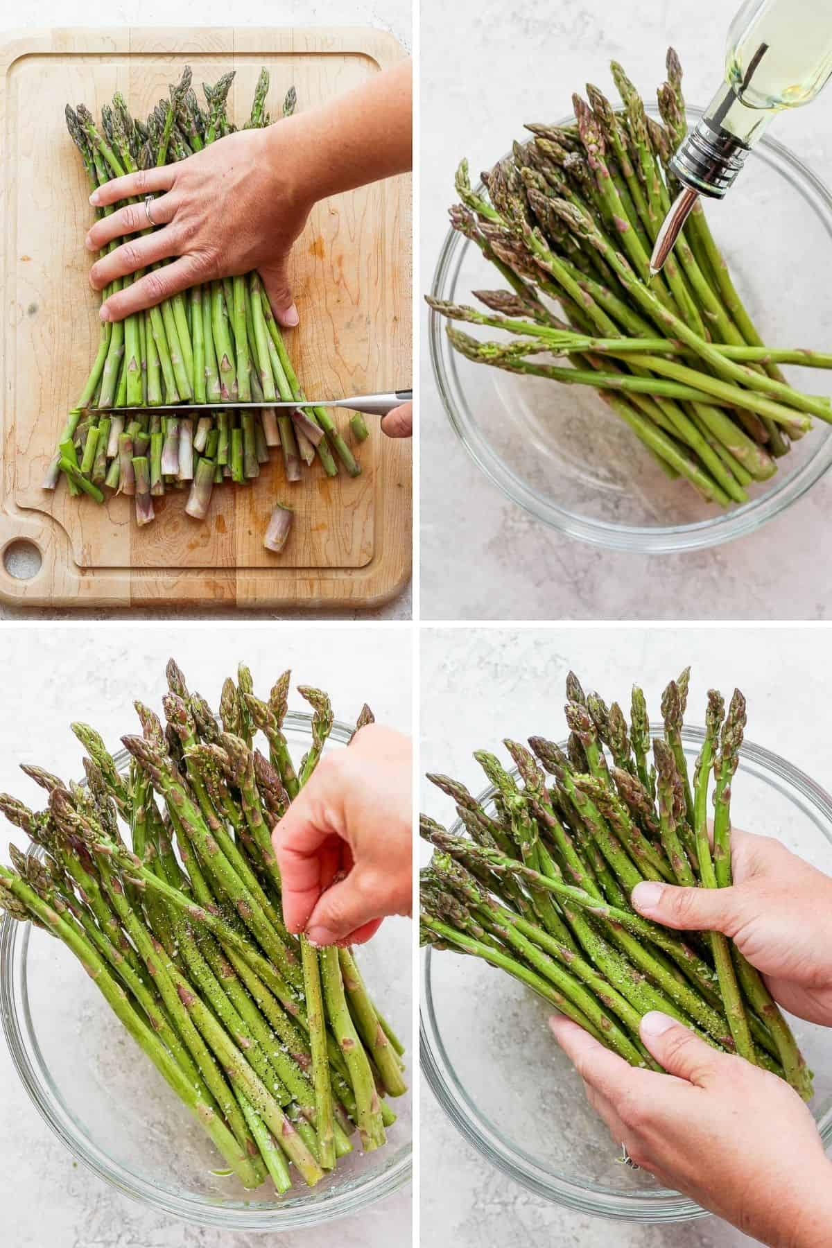 4 image collage to show how to prepare the asparagus but cutting it, seasoning it and tossing
