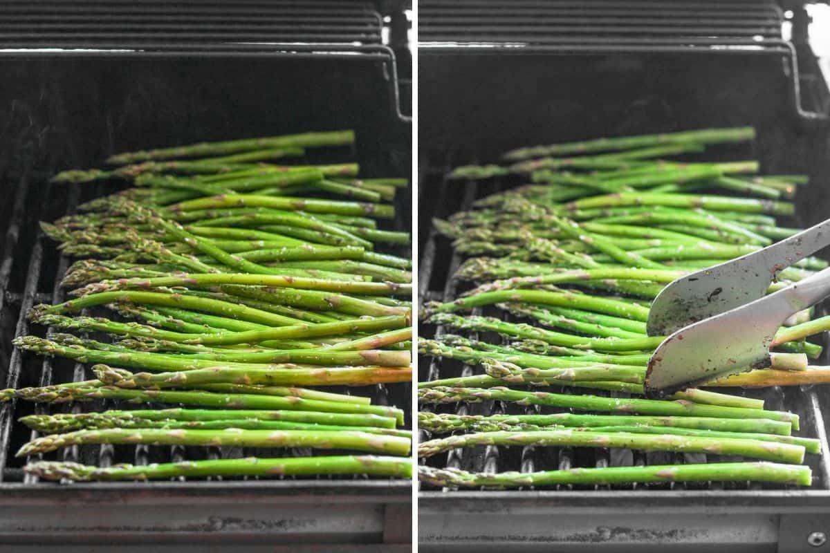 2 image collage to how to grill the asparagus and turn it on the grill