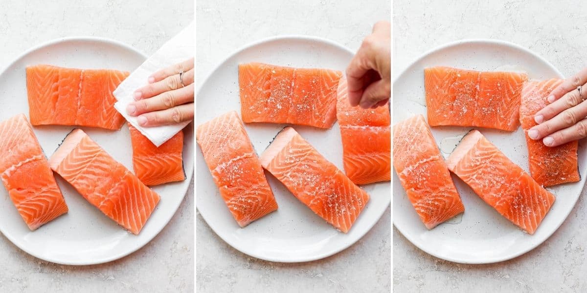 3 image collage to show how to prepare the salmon, first by patting dry, then by seasoning, then by rubbing the seasoning into the salmon