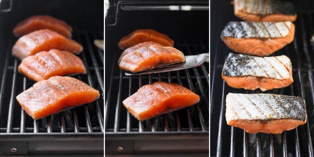 3 image collage to show how to grill the salmon, starting with skin-side down, then flipping and then finishing off