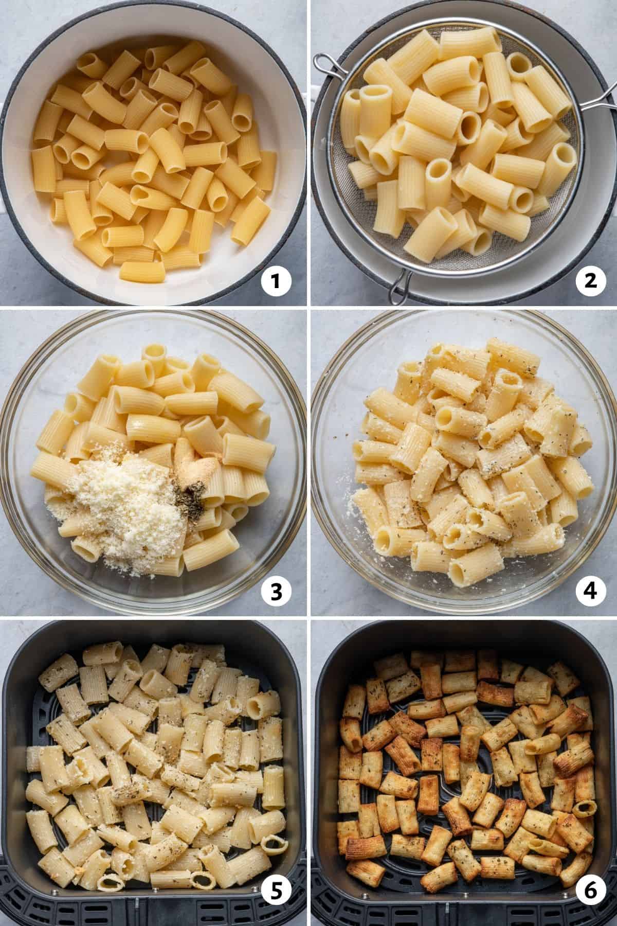 6 image collage to show how to make the pasta chips