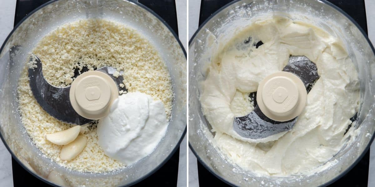 2 image collage to show how to make the whipped feta dip