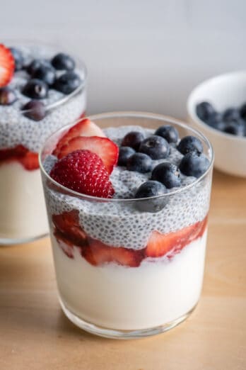 2 cups of yogurt chia parfait topped with blueberries and strawberries