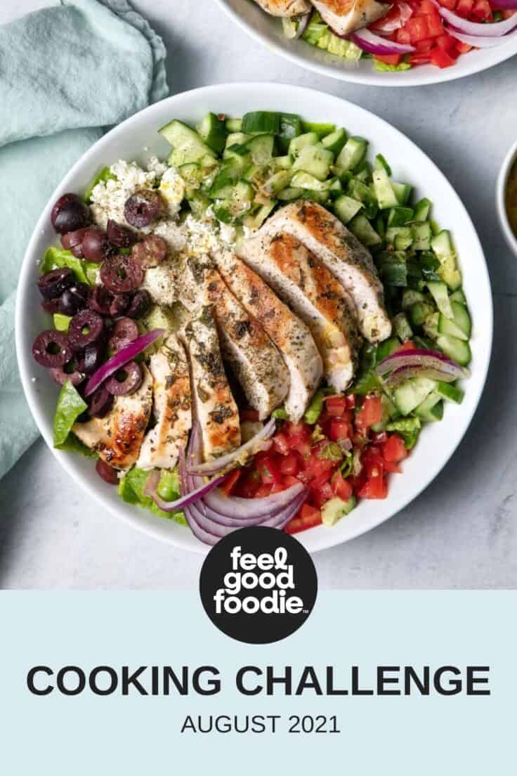 Website Header Photo for August Cooking Challenge featuring Mediterranean Chicken Salad