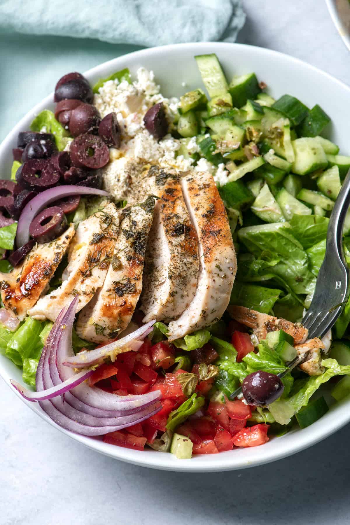 Close up shot of the Mediterranean chicken salad