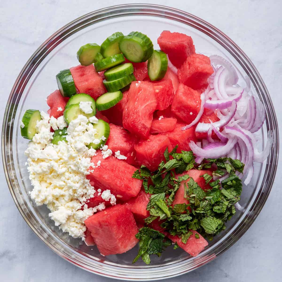 Bowl with watermelon and everything else added.