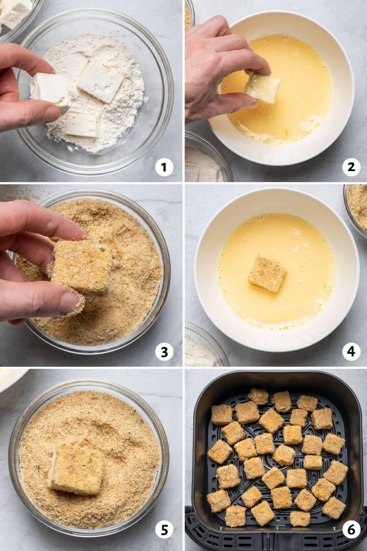 6 image collage to show how to bread the feta cheese and then air fry it