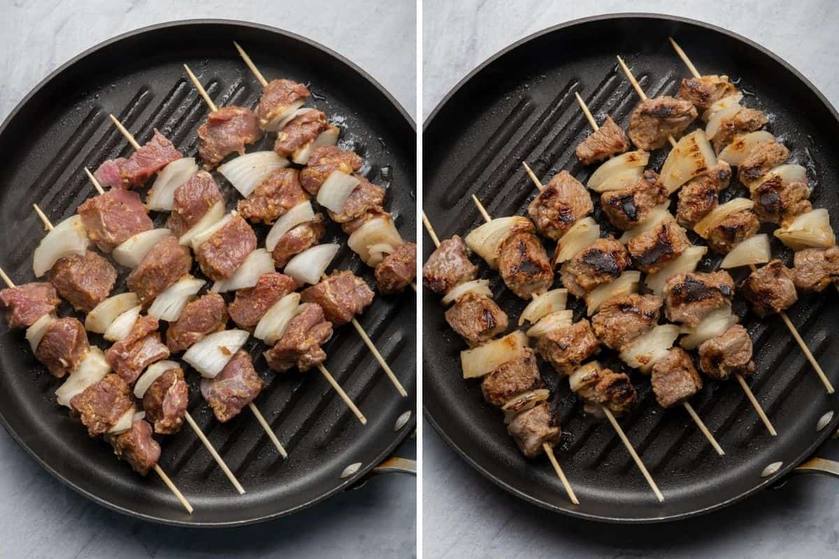 2 image collage to show the kabobs before and after grilling