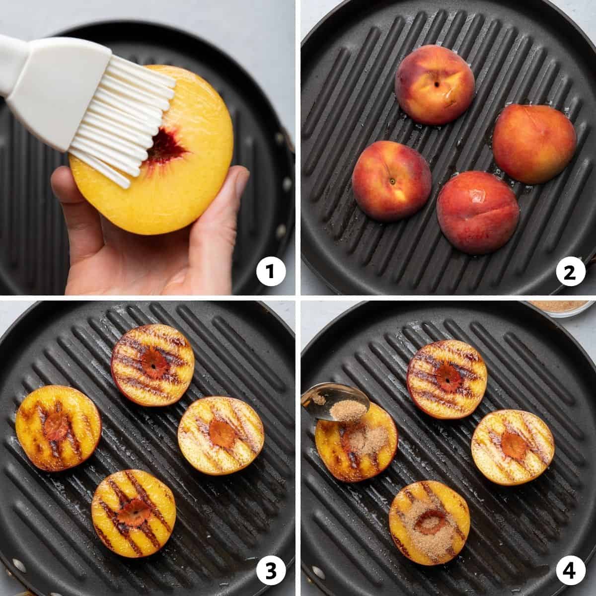 4 image collage to show how to grill peaches