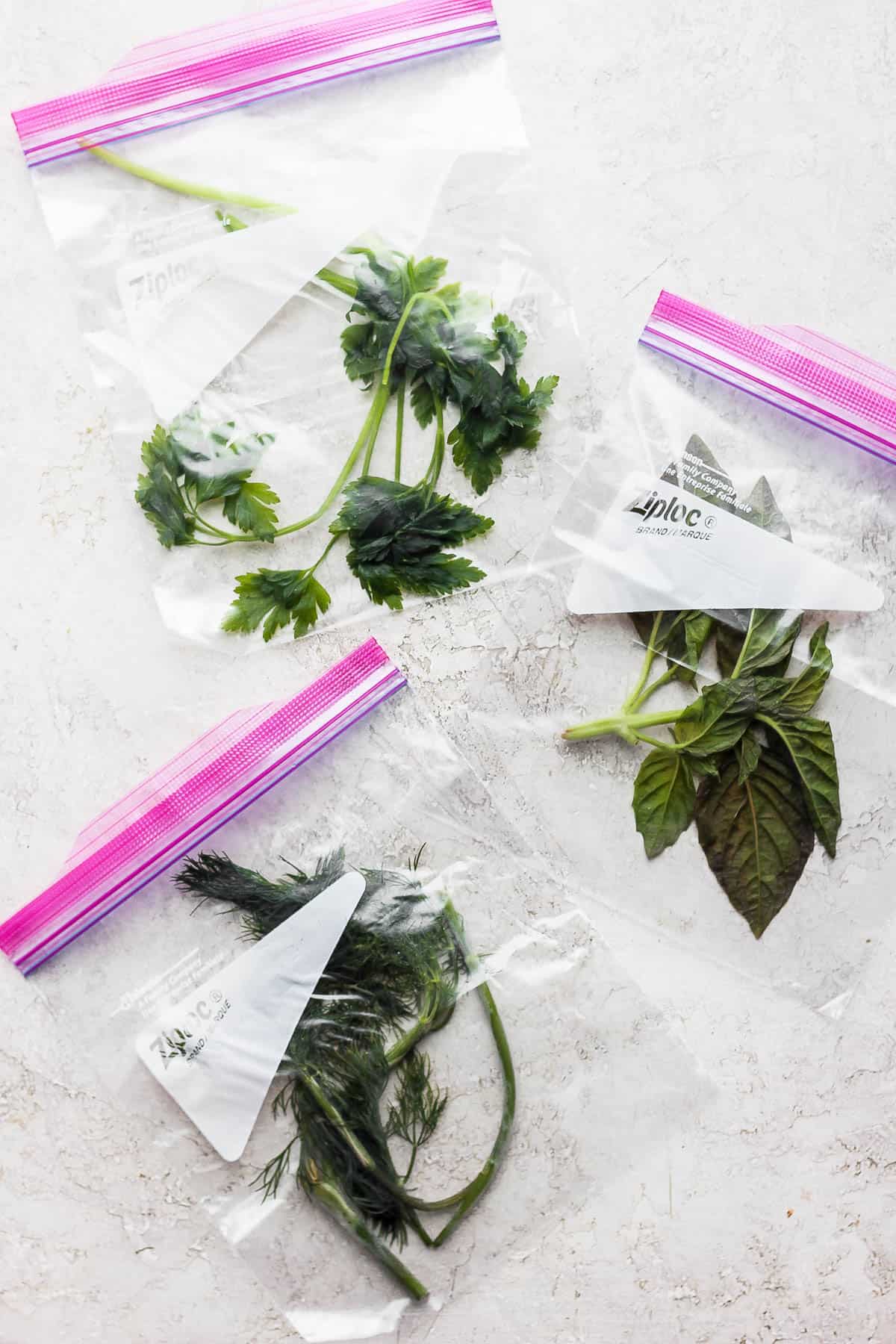 Frozen herbs in plastic bag