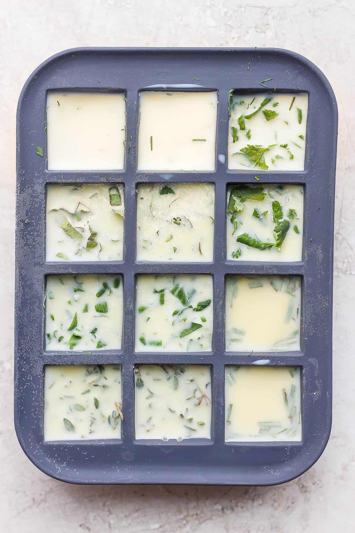 Frozen fresh herbs in ice cube tray