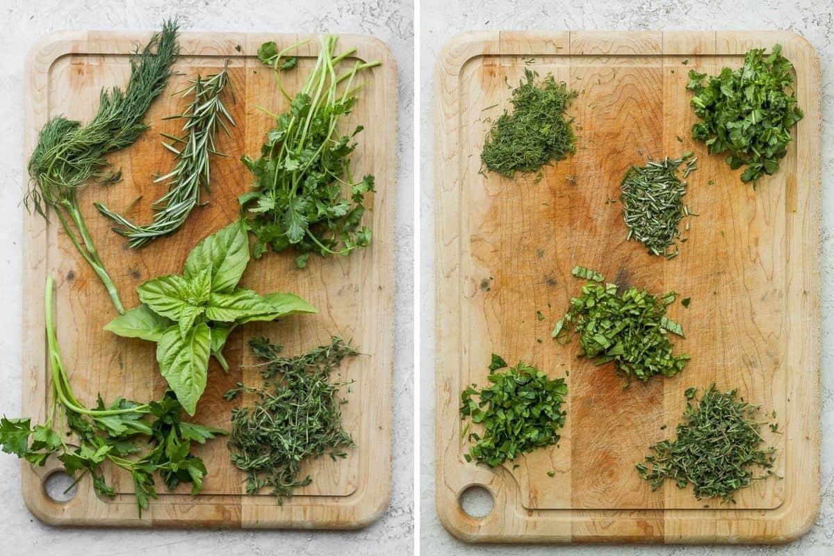 2 image collage to show fresh herbs washed on cutting board then cut