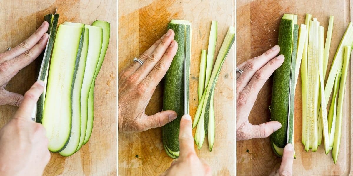 3 image collage to show how to make zoodles using knife