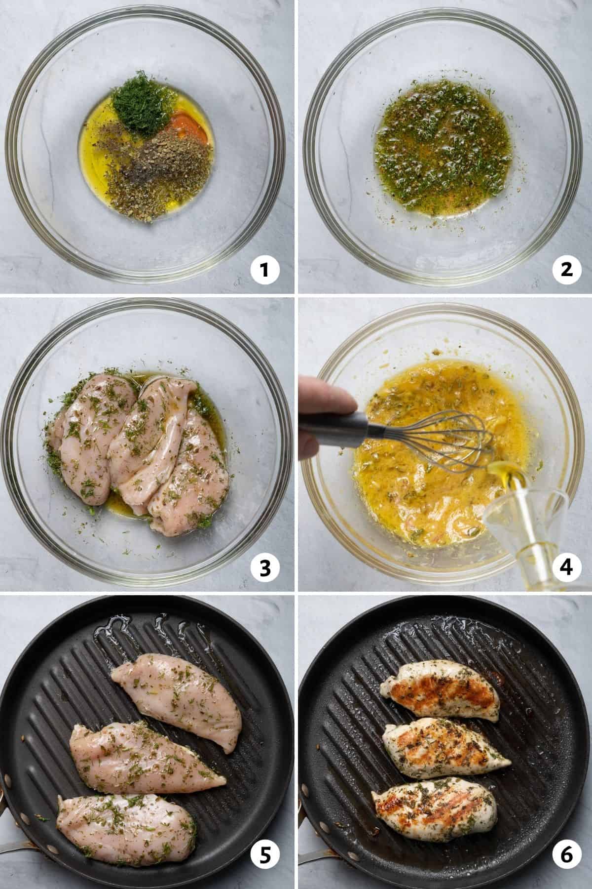 6 image collage to show how to make the chicken marinade, the dressing and then grilling the chicken