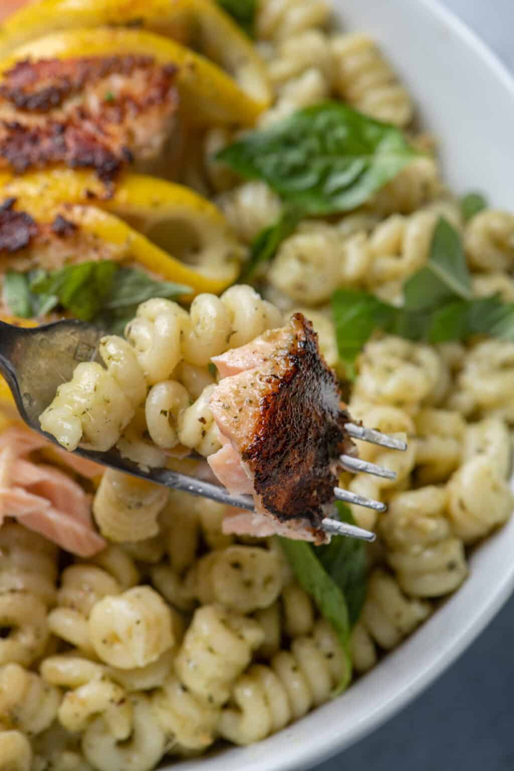 Pesto Grilled Salmon Skewers with Pasta - FeelGoodFoodie