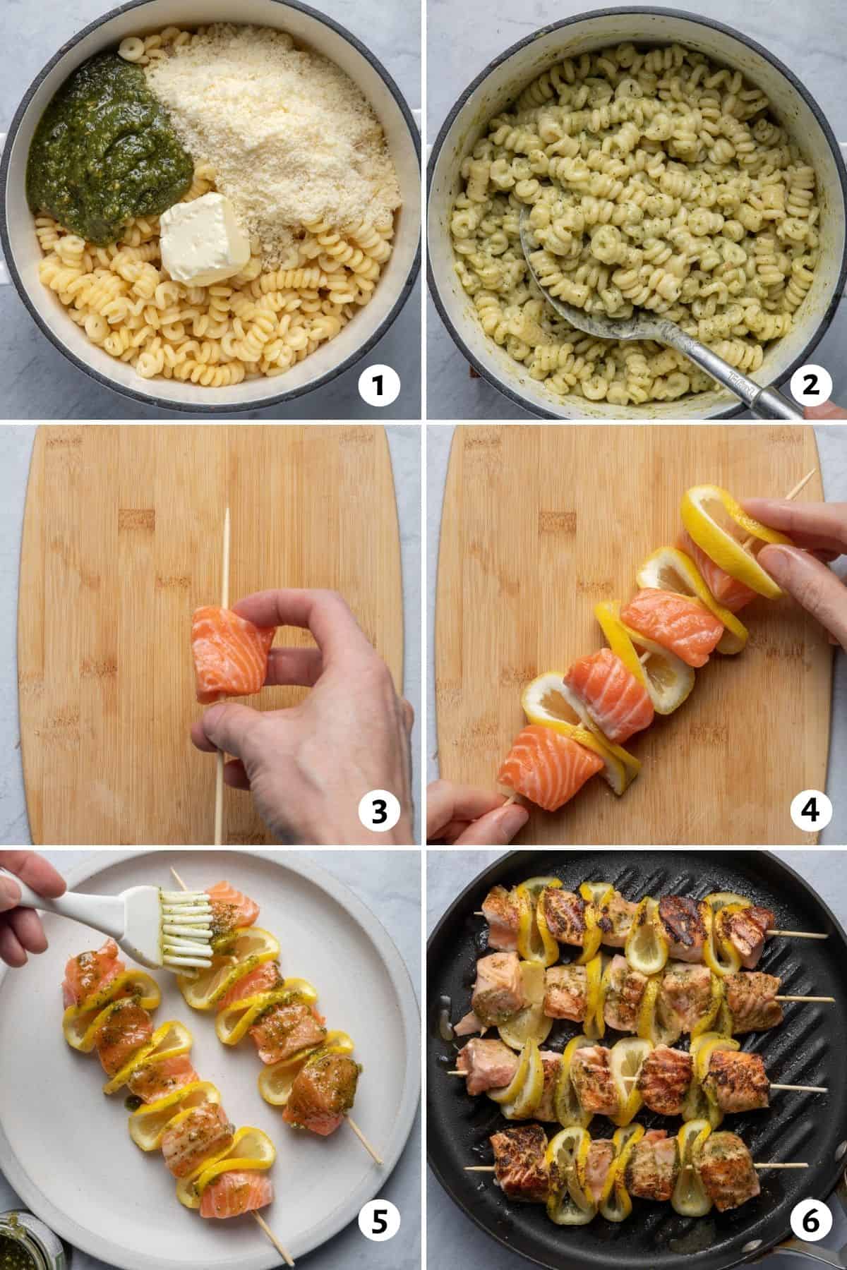 6 image collage to show how to make the pasta, skewer the salmon and grill the salmon