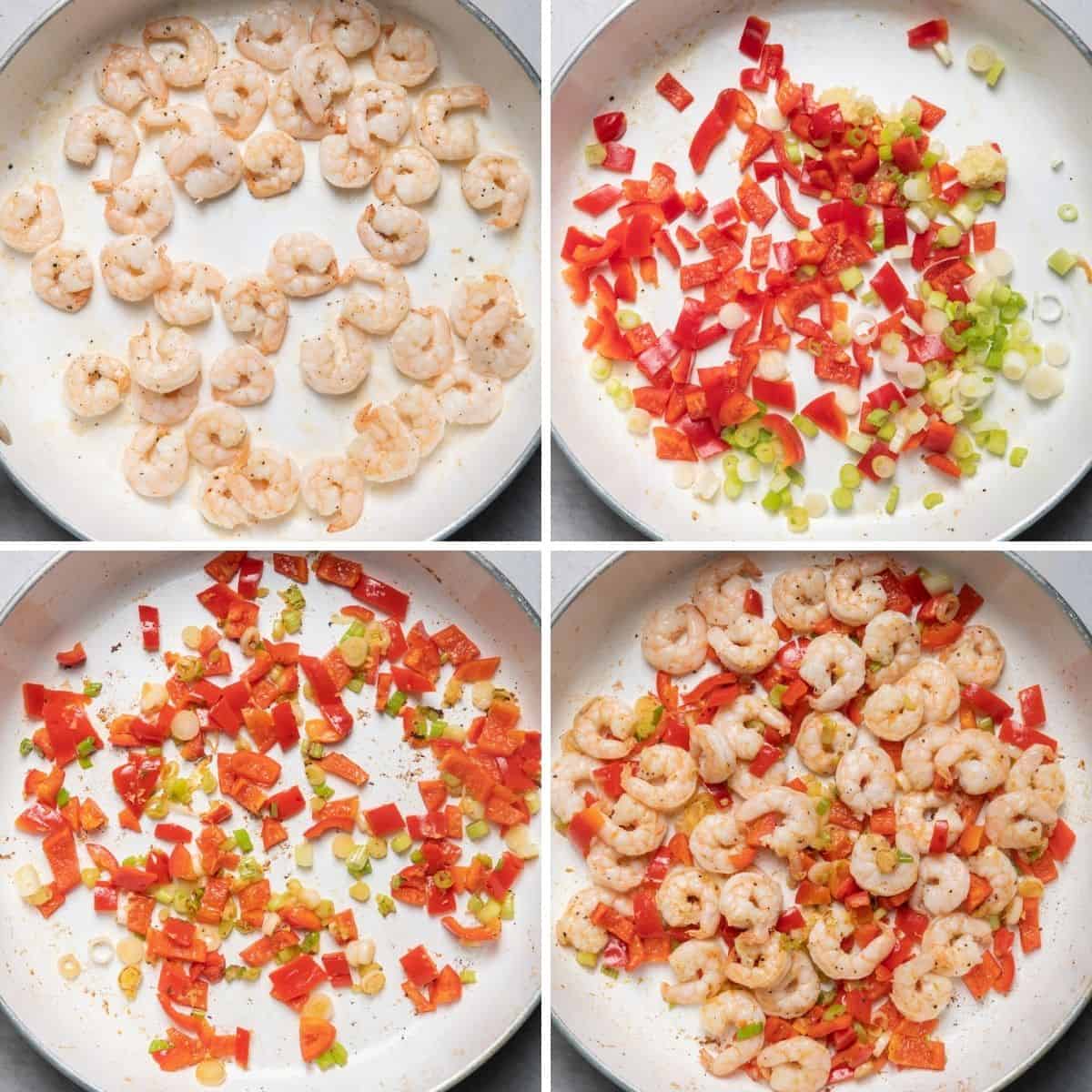 4 image collage to show how to cook the shrimp and the vegetables