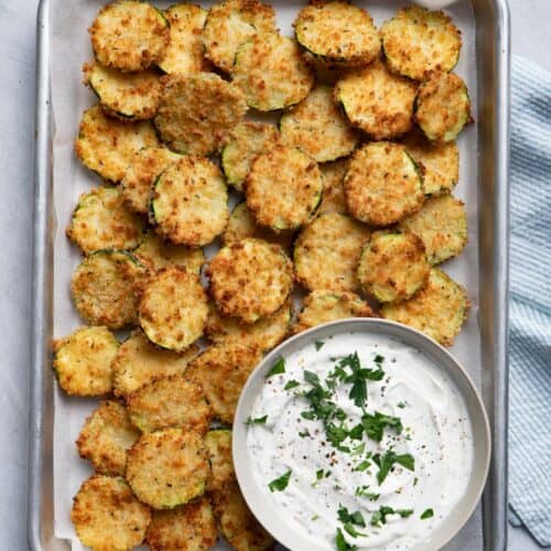 Air Fryer Zucchini chips served with dip