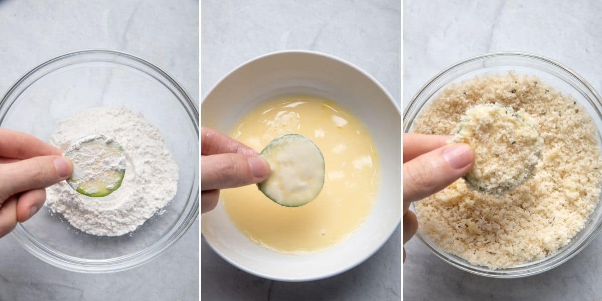 3 image collage to show how to dip the zucchini slice into the flour, eggs and breadcrums