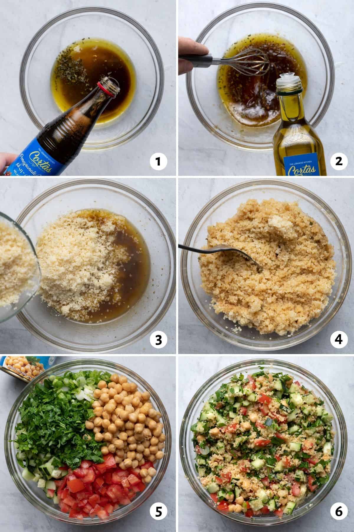 6 image collage to show how to make the dressing, fluff the bulgur and then mix the salad together