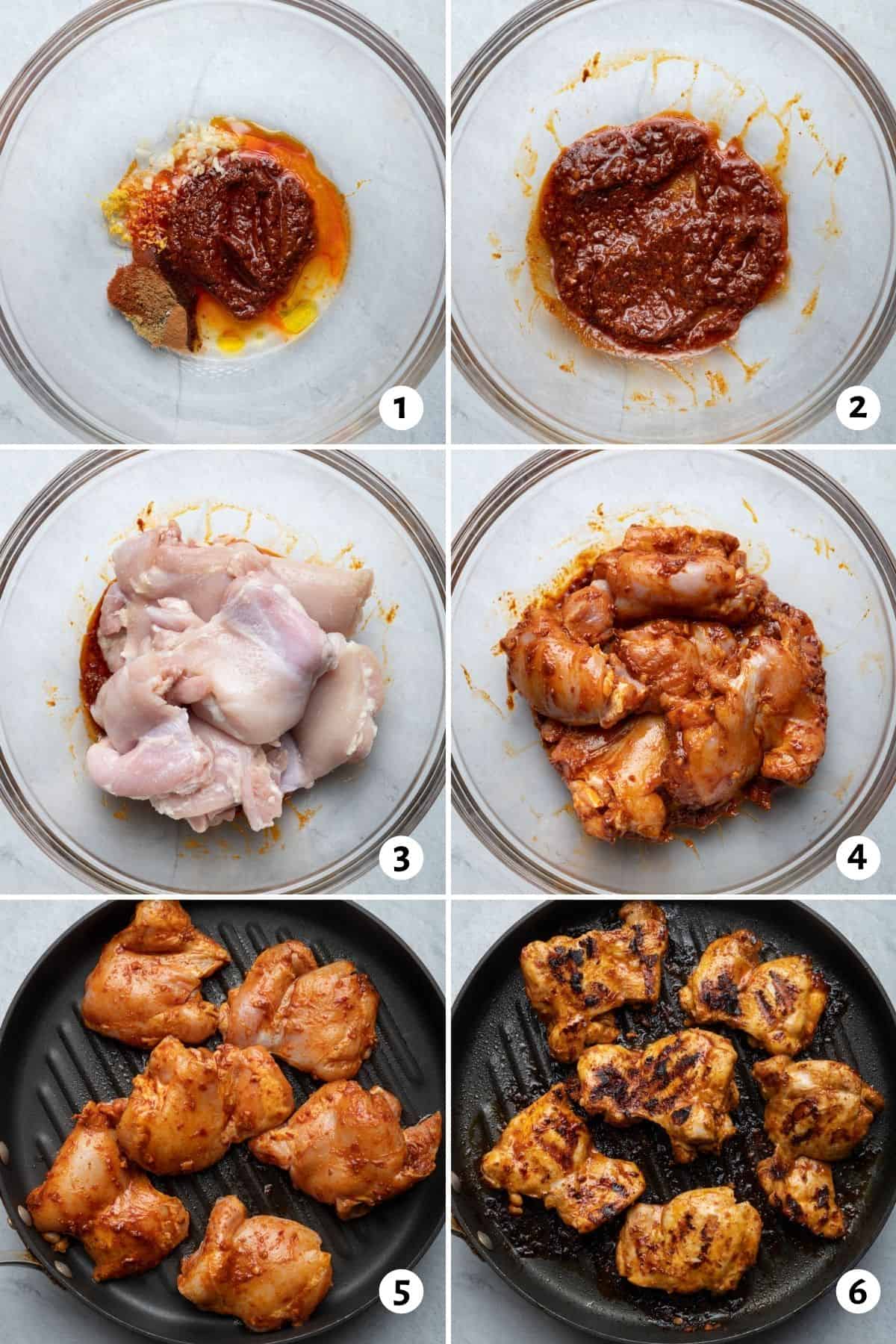 6 image collage showing the steps for making the marinade, adding chicken to it and then cooking it on grill pan