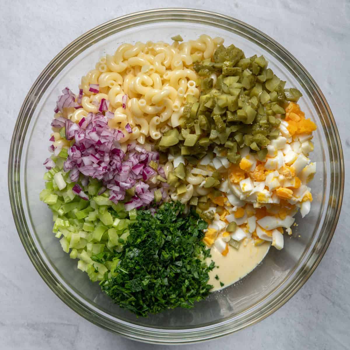 Macaroni egg salad before mixing.