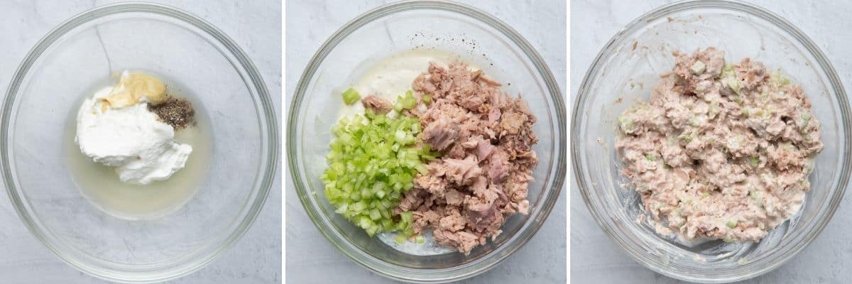 3 image collage to show how to make the tuna salad