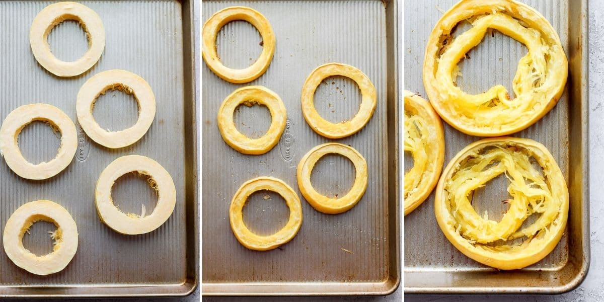 3 image collage to show the oven instructions for squash rings