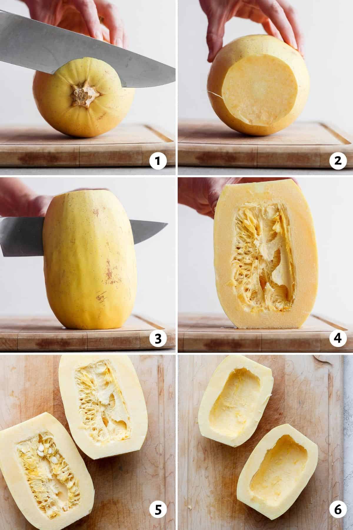 6 image collage to show how to cut spaghetti squash into boats