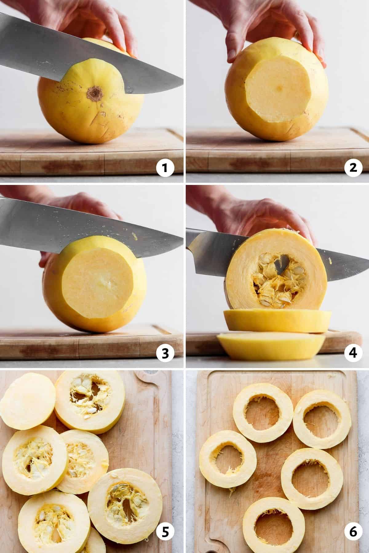 6 image collage to show how to cut squash into rings