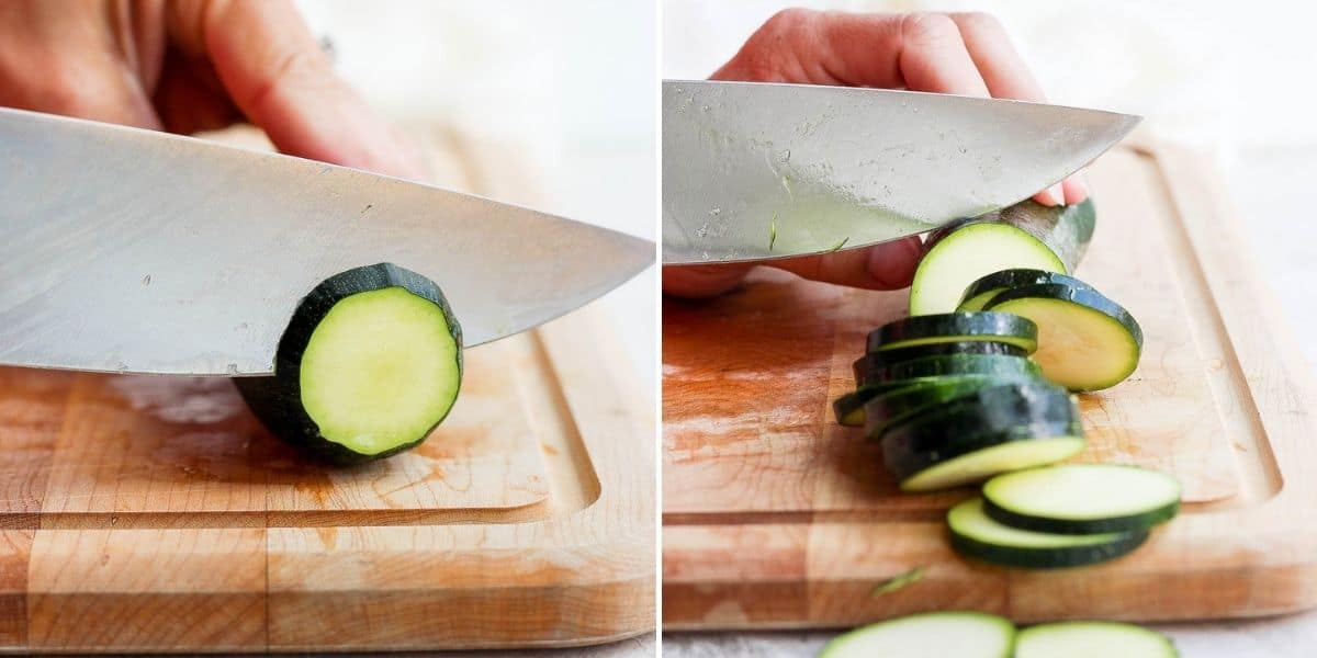 2 image collage to show how to cut zucchini into rounds