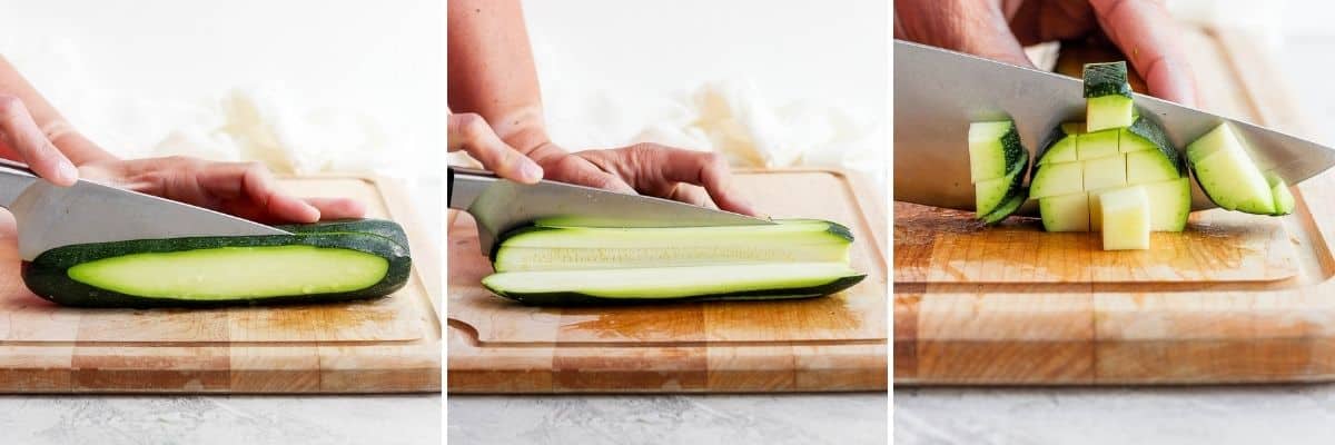 2 image collage to show how to cut zucchini into cubes