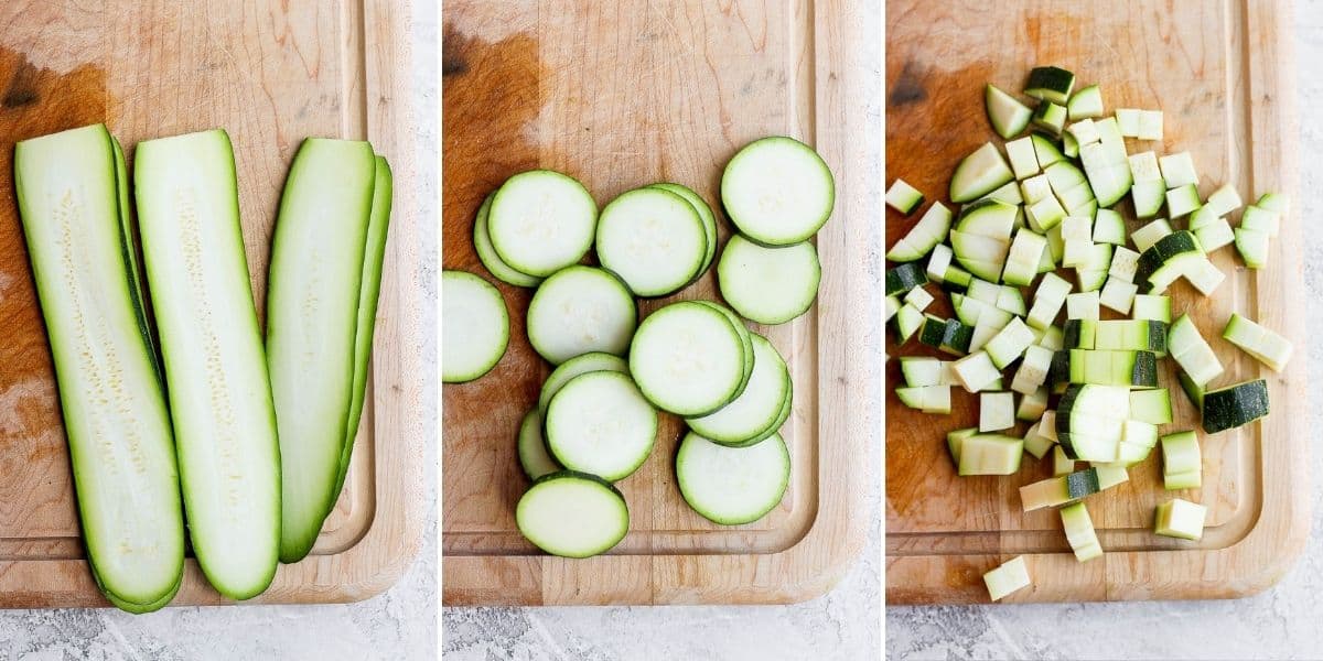 3 image collage to show 3 different cuts of zucchini: planks, rounds and cubes