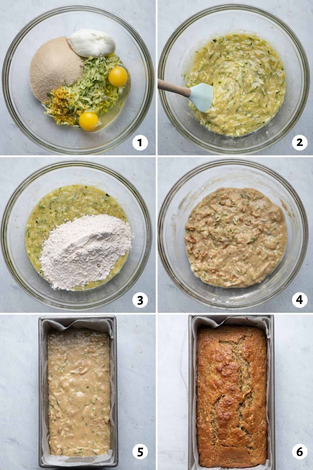 6 image collage to show how to mix the ingredients and then bake in the loaf pan