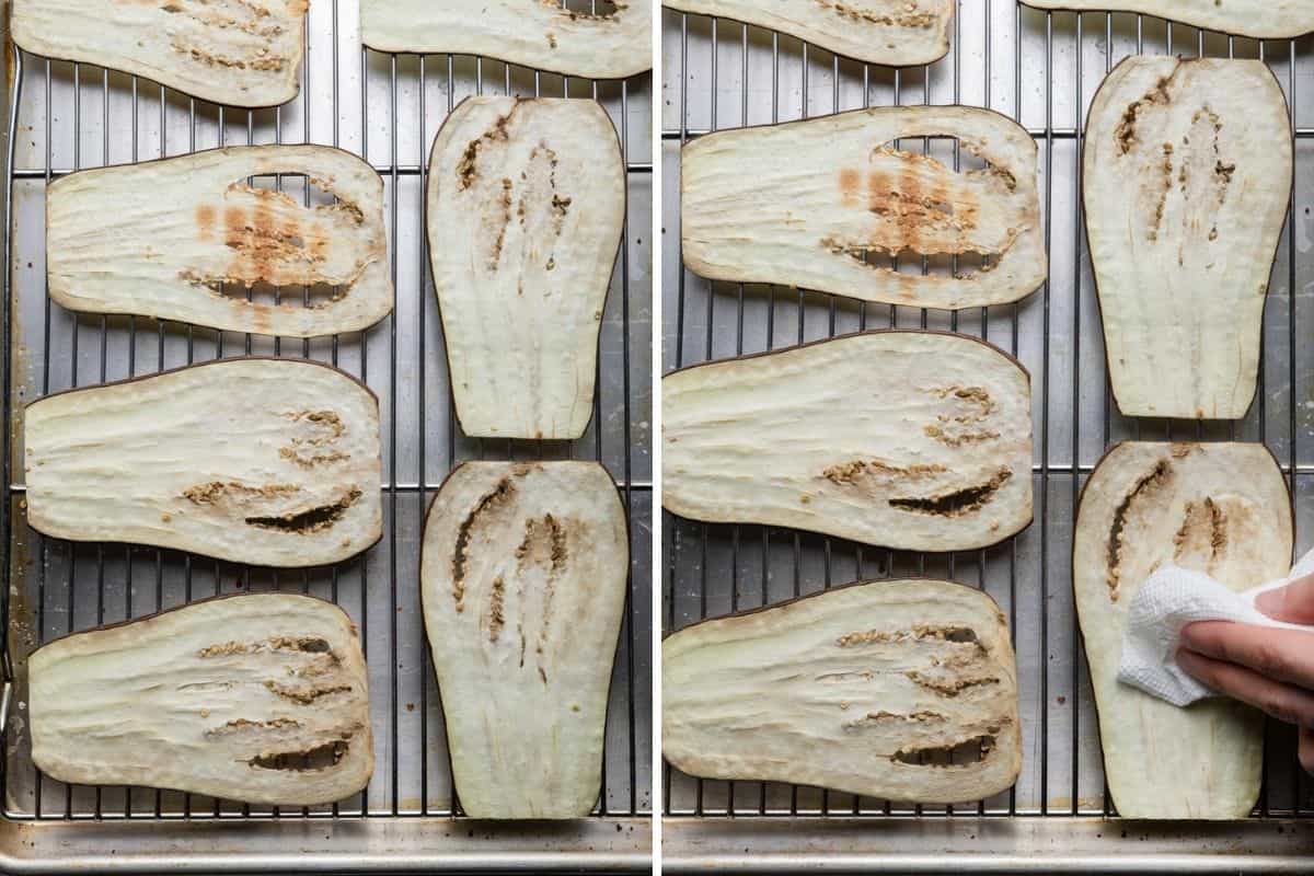 2 image collage to show the eggplant slices with salt and the wiping off the released moisture with paper towel