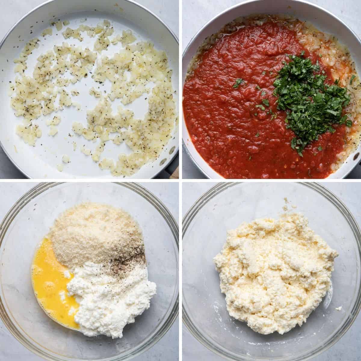 4 image collage to show the marinara sauce cooking and bowl for mixing the ricotta mixture