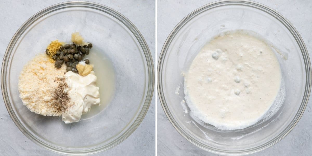2 image collage to show the dressing ingredients before and after mixing