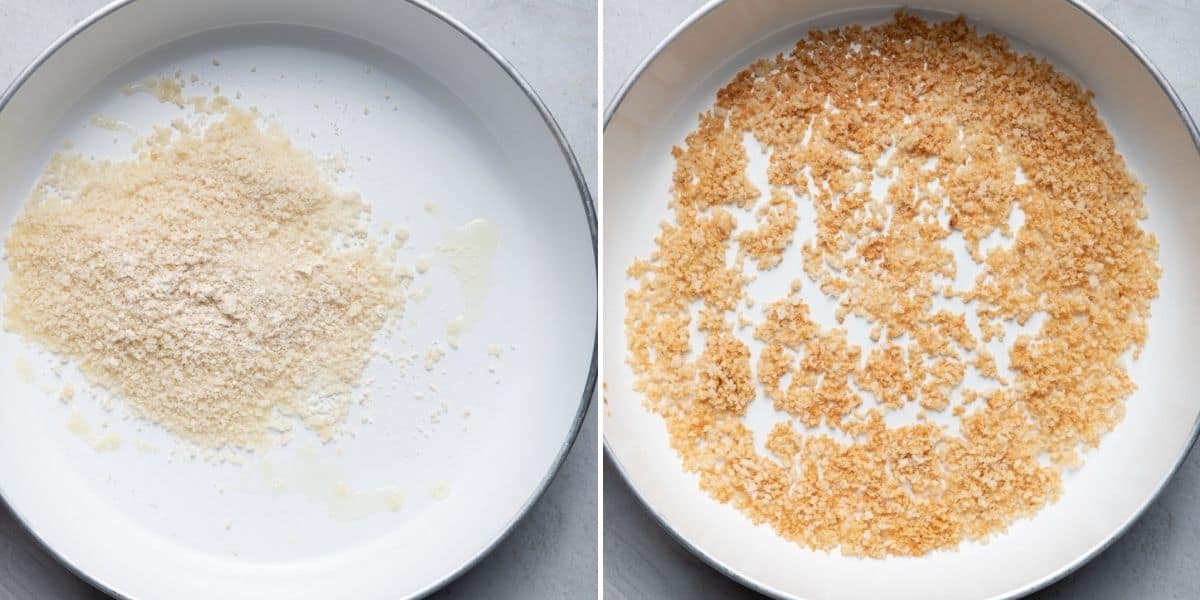 2 image collage to show the breadcrumbs in a pan before and after cooking with garlic and olive oil