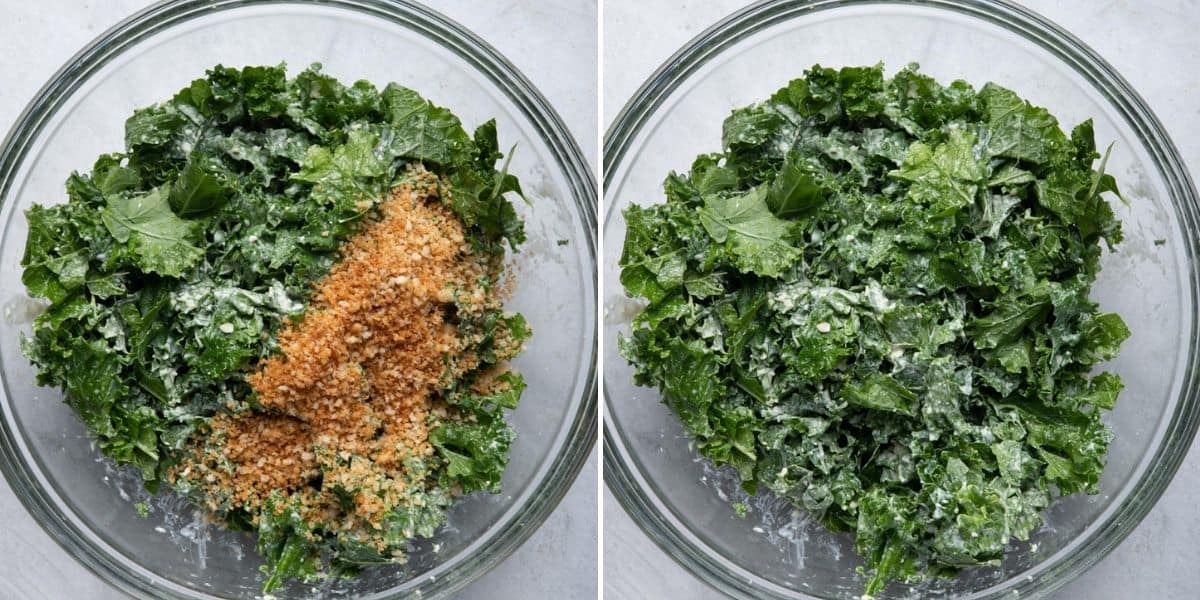 2 image collage showing the salad ingredients before and after tossing