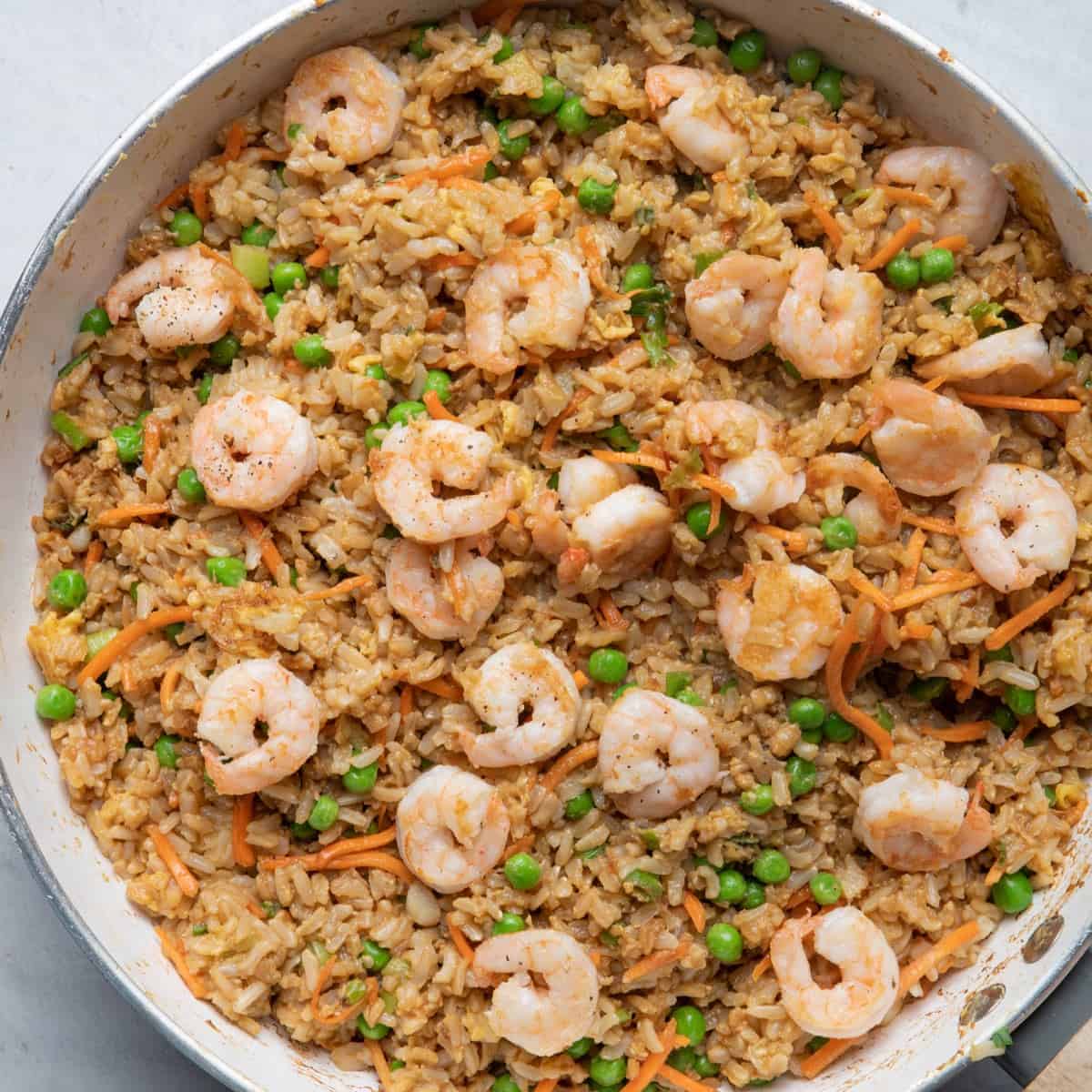 Shrimp on top after carrots and peas mixed.