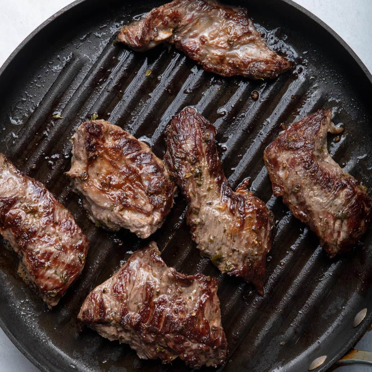 Steak in grill pan after cooking.