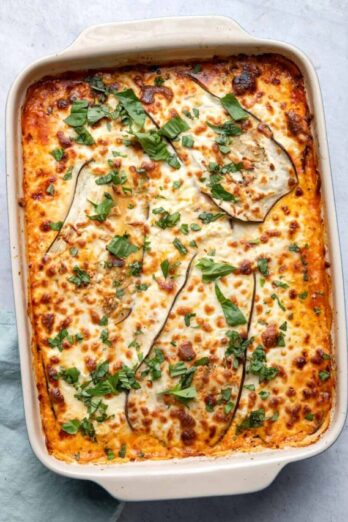 Eggplant lasagna in a large baking dish