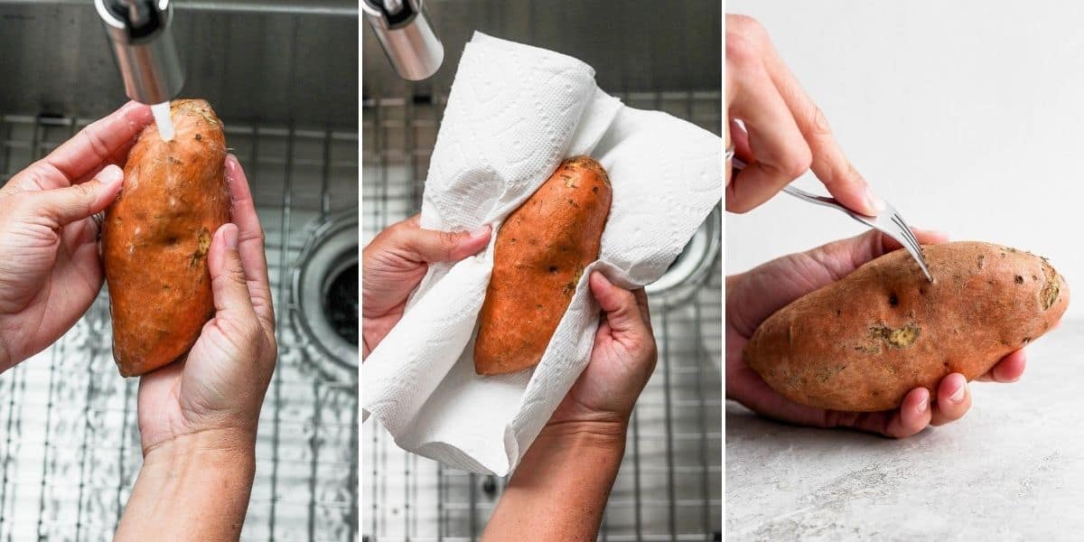 3 image collage to show how to prep sweet potatoes for baking