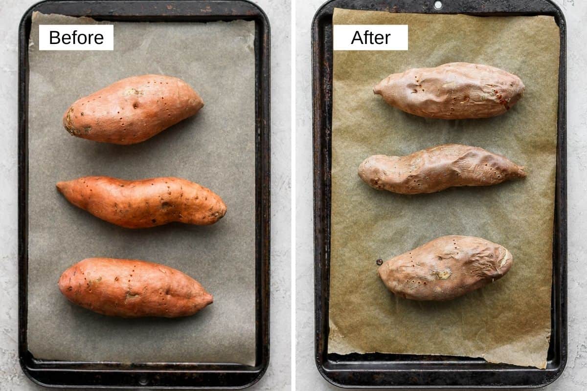 2 image collage to show sweet potatoes before and after baking