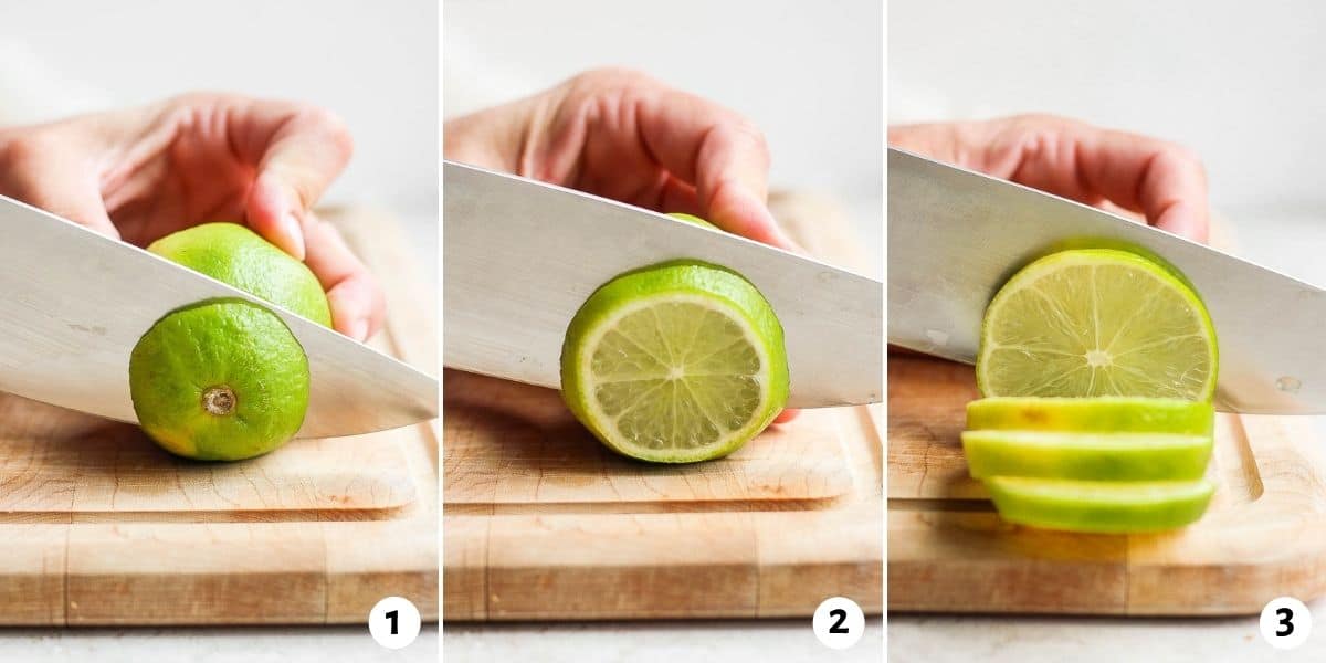 3 image collage to show how to cut limes in slices