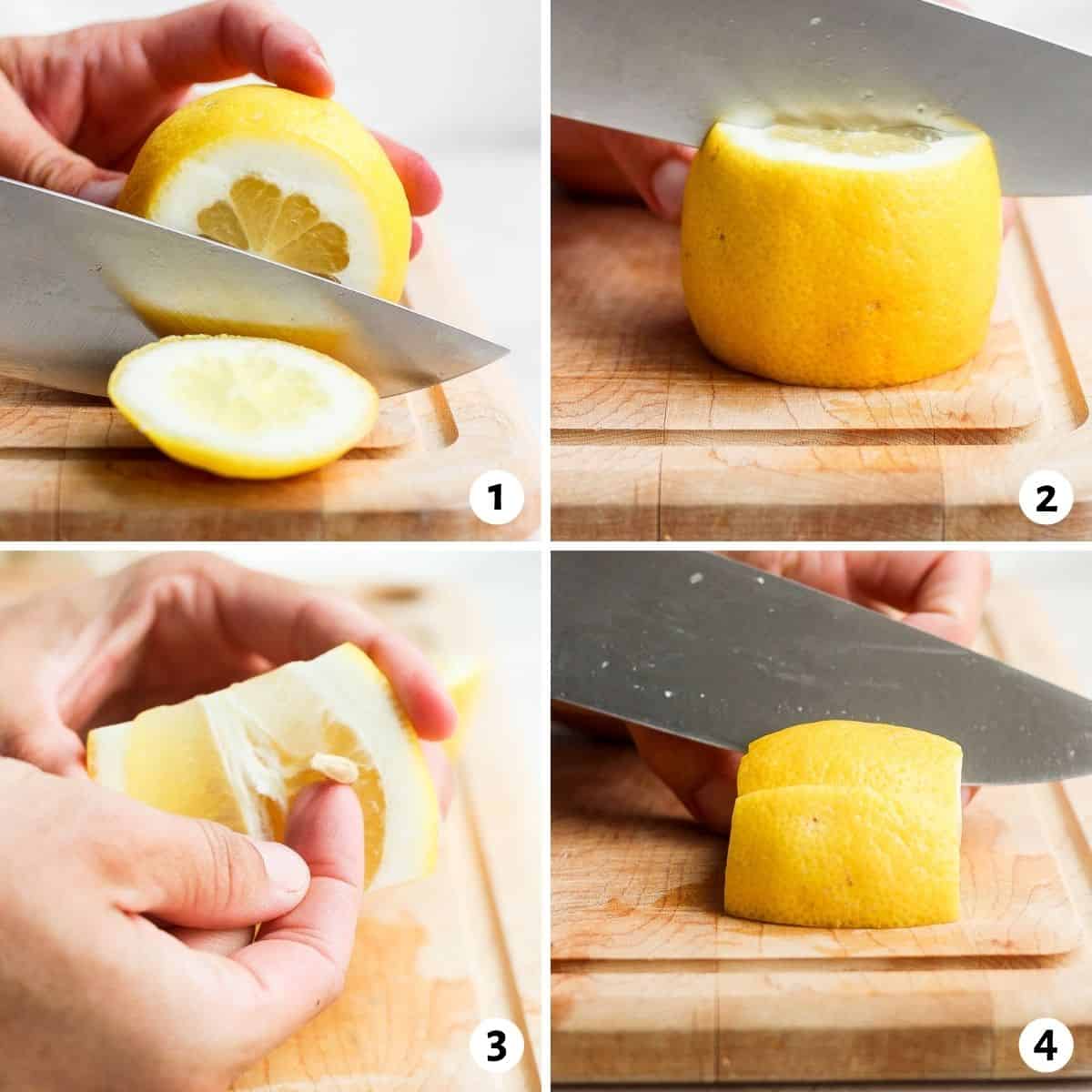4 image collage to show how to cut lemons into wedges