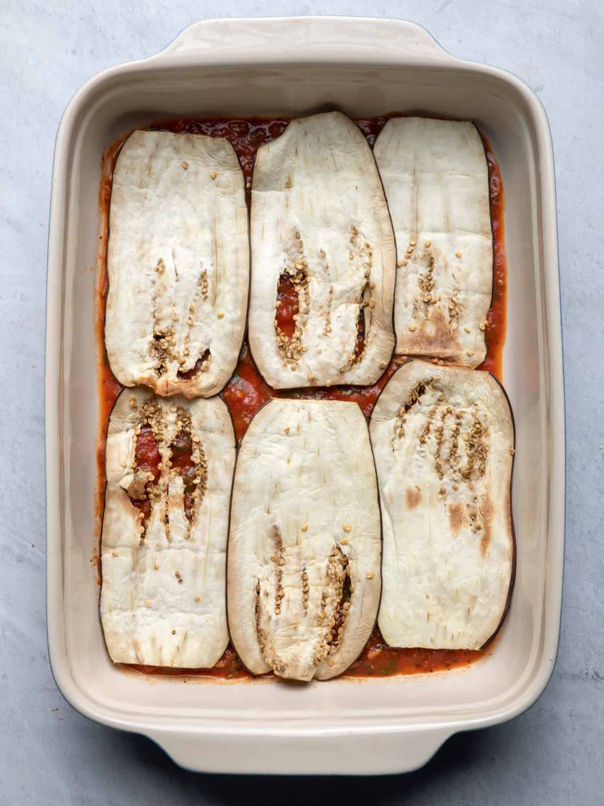 Eggplant slices on top .