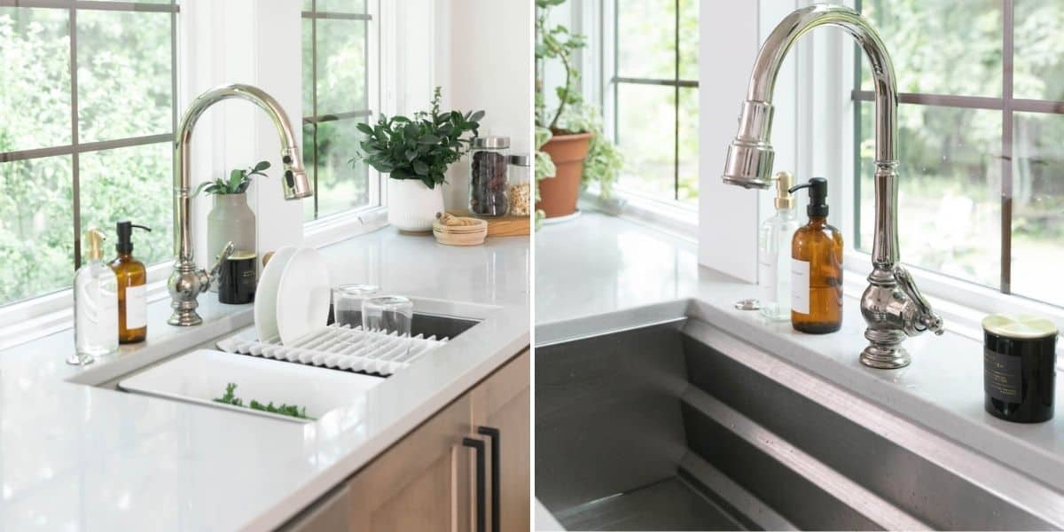 2 image collage showing the sink and faucet