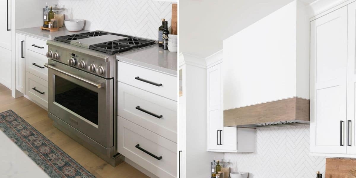 2 image collage to show the stovetop and oven and the wood framed panel in the kitchen remodel