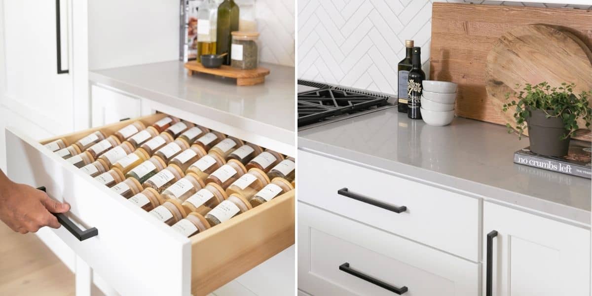 2 image collage to show the spice drawer and the countertops